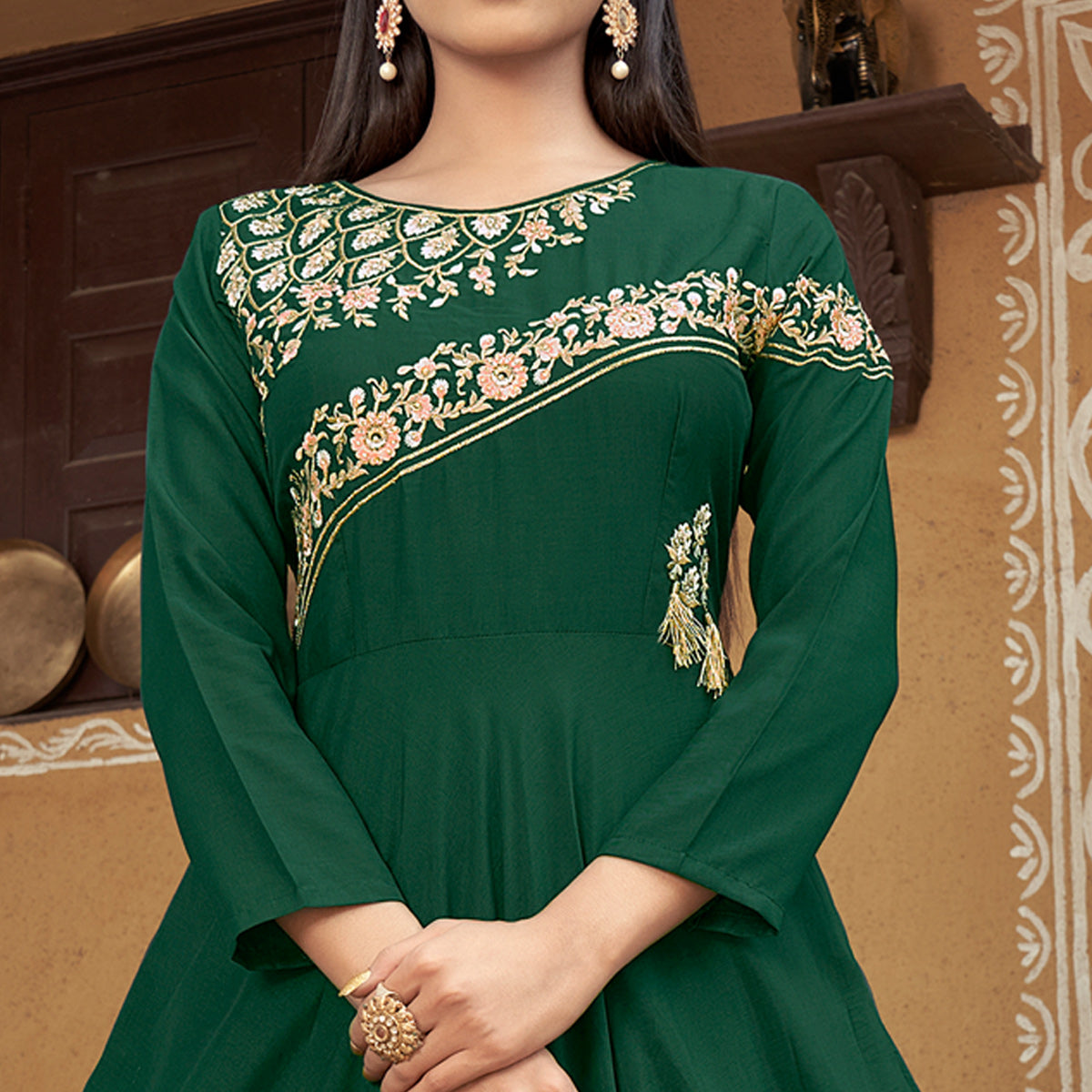 Buy Green Sequined Embroidery Georgette Festive Wear Gown From Ethnic Plus